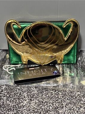 Loungefly Metallic Green and Gold Loki Horn Zip Wallet